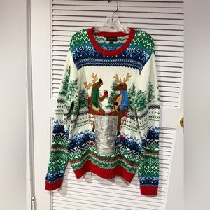 Blizzard Bay Reindeer Drinking Beer Christmas Sweater - With Pockets Sz XLarge